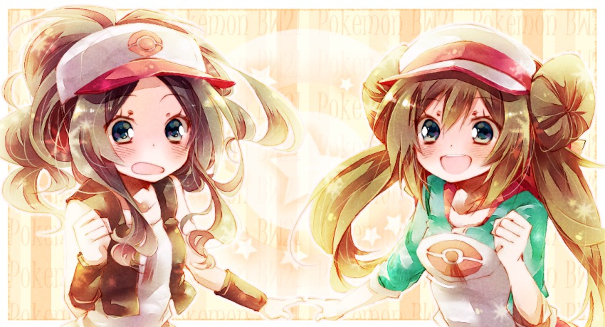 10s 2girls amamiya_kabosu bad_id bad_pixiv_id baseball_cap blush brown_hair donut_hair_bun double_bun hair_bun hat hilda_(pokemon) long_hair multiple_girls nintendo open_mouth pokemon pokemon_bw pokemon_bw2 ponytail raglan_sleeves ribbon rosa_(pokemon) shirt twintails vest visor_cap wristband