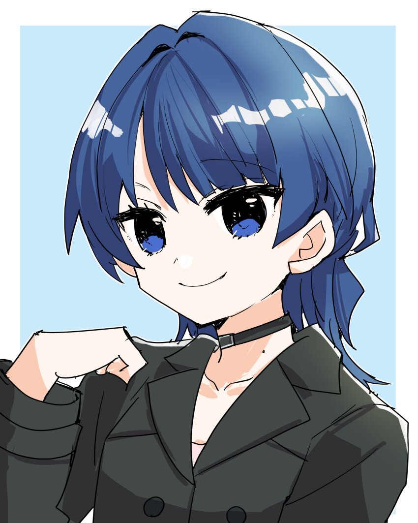1girl black_choker black_jacket blue_background blue_eyes blue_hair border buttons choker collarbone commentary_request double-breasted hair_intakes highres jacket kanduki_kamibukuro link!_like!_love_live! long_hair looking_at_viewer love_live! mole mole_on_neck murano_sayaka official_alternate_costume outside_border simple_background solo virtual_youtuber white_border zozotown