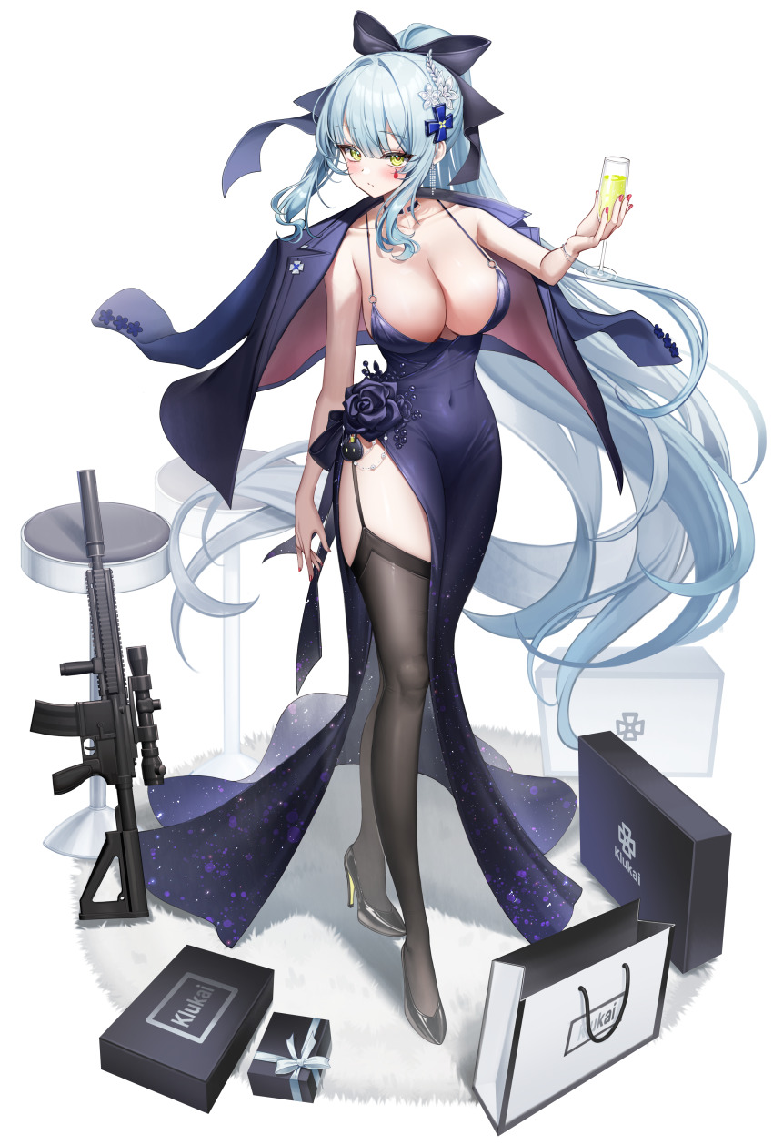 1girl alternate_costume black_thighhighs blue_hair box breasts dress full_body gift gift_box girls&#039;_frontline girls&#039;_frontline_2:_exilium gun hair_ribbon high_heels hk416_(girls&#039;_frontline) jacket large_breasts long_hair mellozzo ponytail purple_dress purple_jacket ribbon simple_background solo thighhighs very_long_hair weapon white_background
