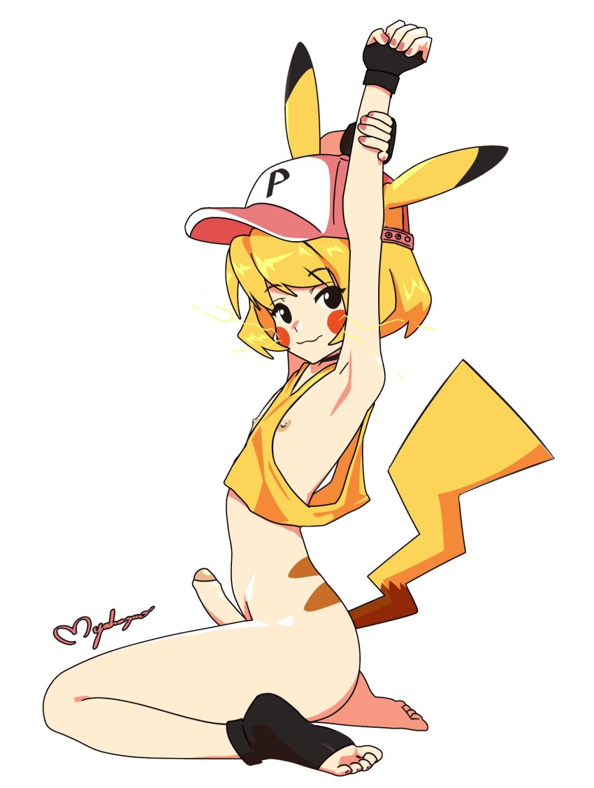 1boy animal_ears armpits black_eyes black_gloves black_socks blonde_hair bottomless closed_mouth commentary fingerless_gloves game_freak gen_1_pokemon gloves hat highres maho_malice male_focus nail_polish nintendo nipples penis pikachu pikachu_ears pikachu_tail pink_hat pink_nails pokemon pokemon_tail shirt short_hair signature simple_background sleeveless sleeveless_shirt smile socks solo tail toeless_legwear toes white_background yellow_shirt