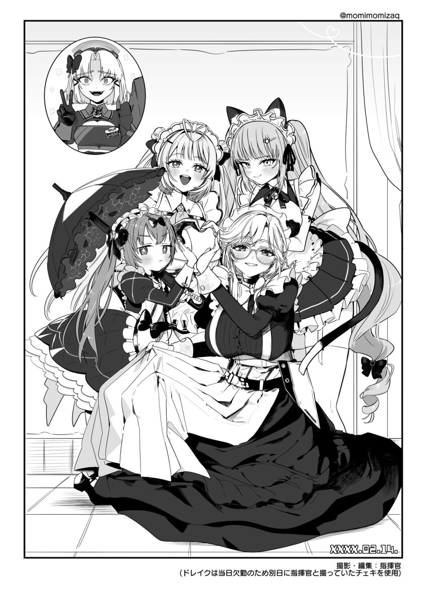 5girls :&lt; ade_(nikke) alternate_costume animal_ears antenna_hair apron ascot blush bow bowtie breasts cat_ears cat_tail cleavage cocoa_(nikke) detached_collar double_bun drake_(maid_for_villain)_(nikke) drake_(nikke) dress drill_hair elbow_gloves enmaided fake_animal_ears fake_tail frilled_dress frills glasses gloves goddess_of_victory:_nikke greyscale group_picture hair_bow hair_bun hair_ornament hair_ribbon hairclip heart heart_antenna_hair heart_hands heart_hands_quartet highres holding holding_umbrella juliet_sleeves large_breasts legwear_garter long_hair long_sleeves maid maid_apron maid_headdress monochrome multiple_girls multiple_hair_bows neck_bell nikumanman official_alternate_costume paw_hair_ornament privaty_(nikke) privaty_(unkind_maid)_(nikke) puffy_sleeves ribbon short_hair sidelocks soda_(nikke) sparkling_eyes tail twin_drills twintails twitter_username umbrella very_long_hair white_hair