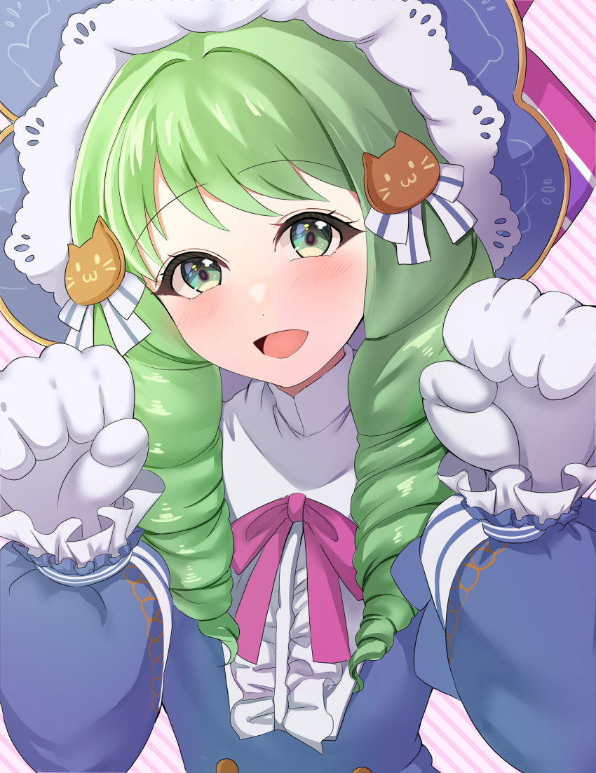 1girl absurdres animal_hands cat_paws drill_hair fire_emblem fire_emblem:_three_houses fire_emblem_heroes flayn_(fire_emblem) flayn_(halloween)_(fire_emblem) green_eyes green_hair halloween halloween_costume highres nintendo official_alternate_costume open_mouth solo tara_(szzj7733) teeth turtleneck twin_drills upper_body upper_teeth_only