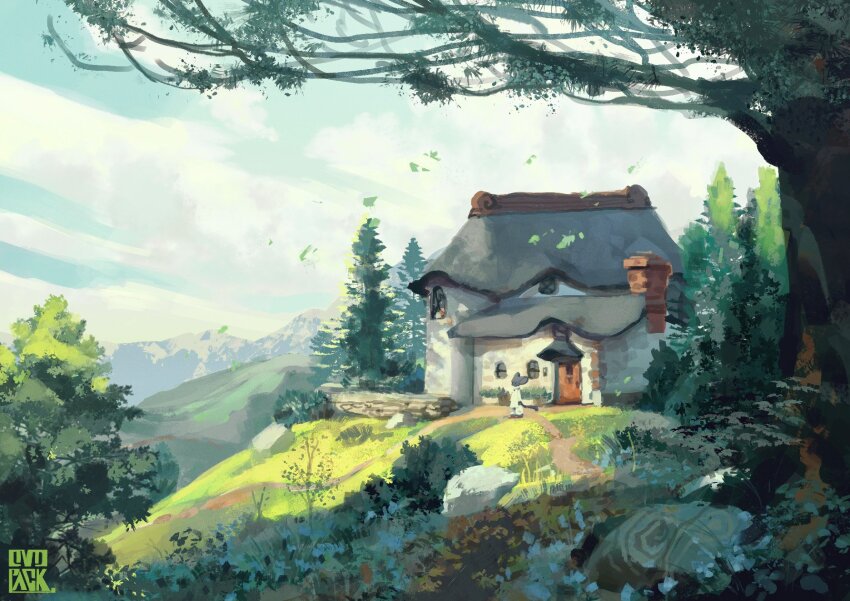 1boy artist_name blue_sky building chimney cloud day falling_leaves foliage grass highres hill house landscape leaf mountainous_horizon murayama_ryota no_lineart original outdoors path road rock scenery sky standing tree wide_shot