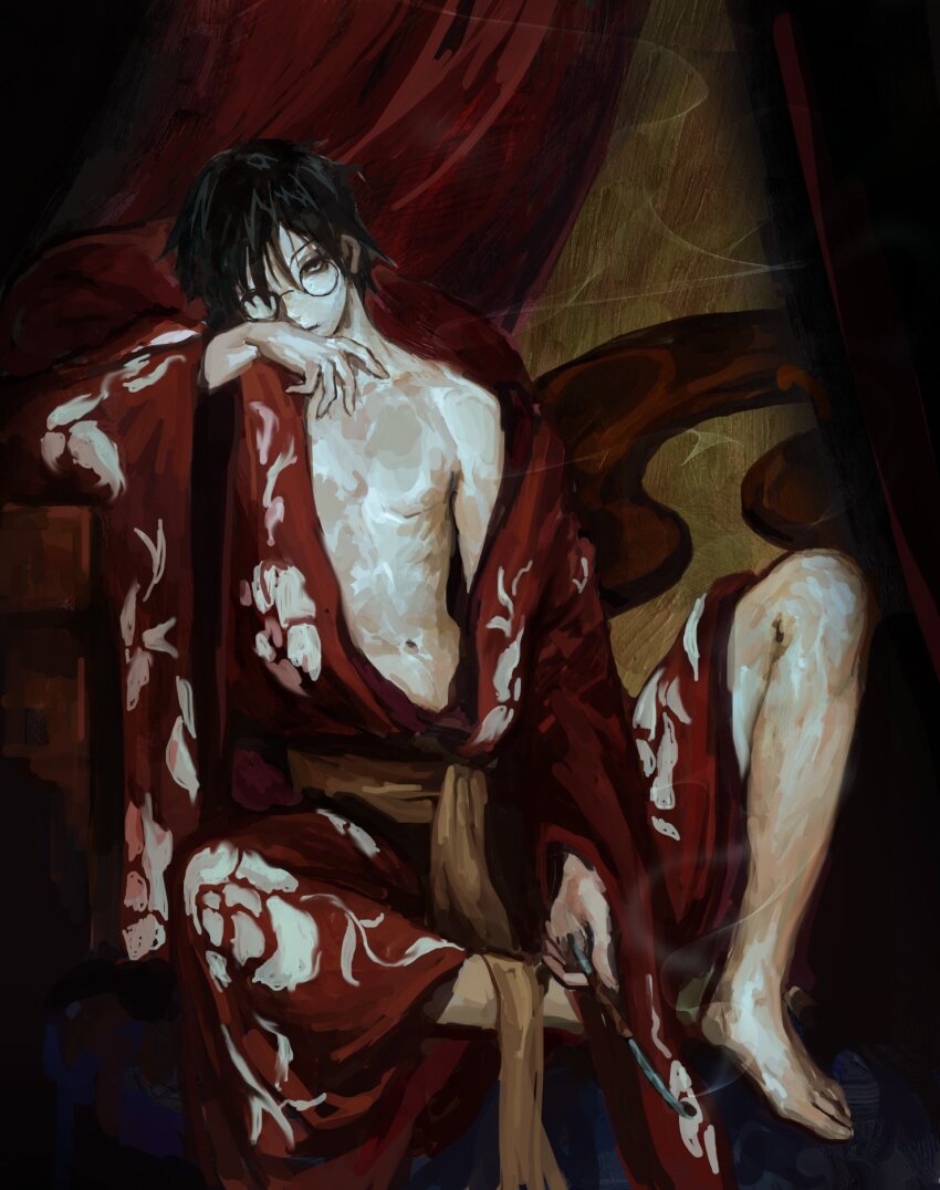 1boy black_hair curtains full_body glasses highres looking_at_viewer male_focus nahzar777 round_eyewear short_hair solo watanuki_kimihiro xxxholic