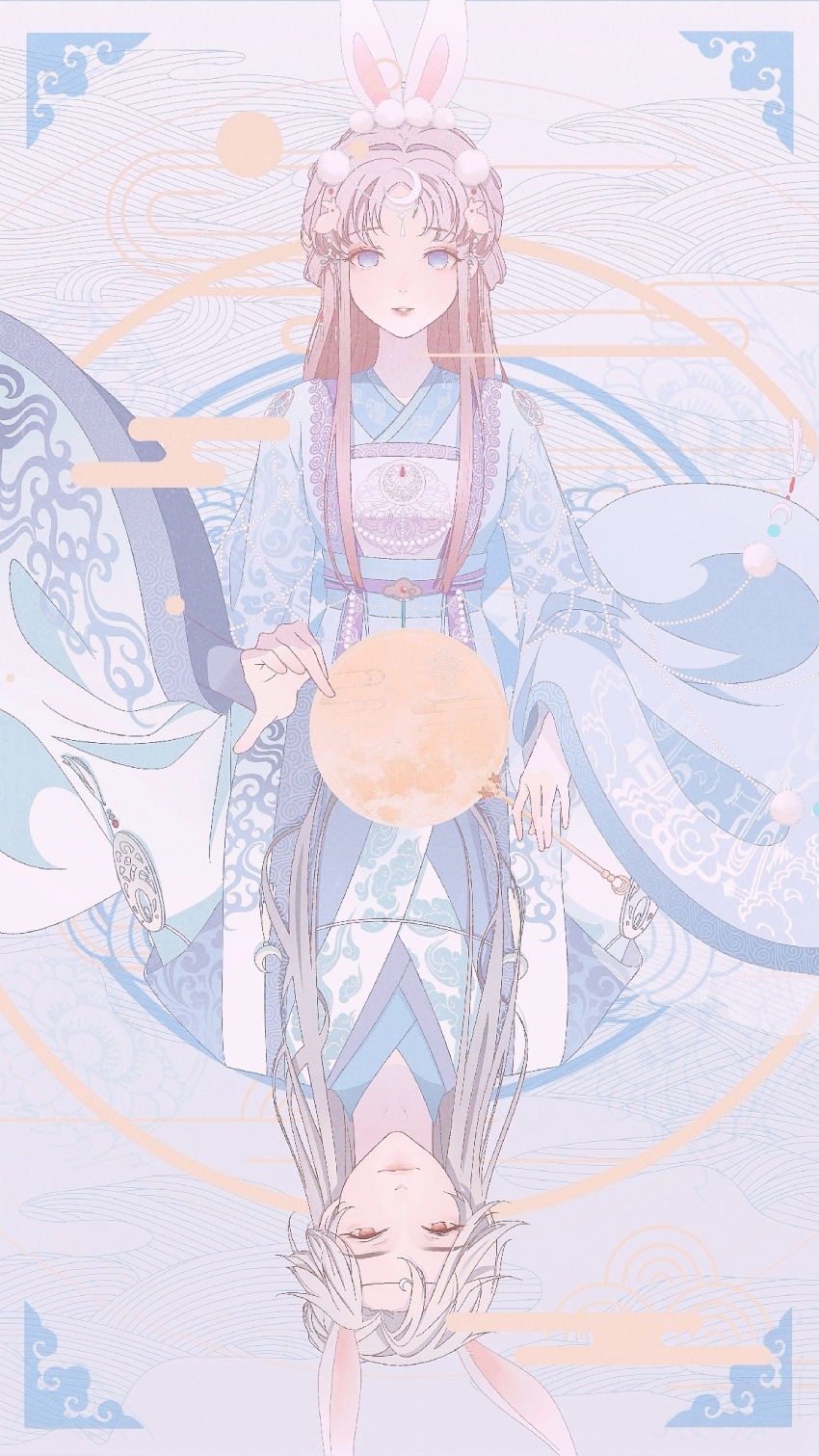 1boy 1girl animal_ears blue_background blue_eyes blue_hanfu card_(medium) character_request chinese_clothes chinese_commentary circlet closed_mouth commentary_request crescent crescent_hair_ornament floating_clothes fog grey_hair hair_ornament hand_fan hanfu highres holding holding_fan lips long_hair long_sidelocks long_sleeves nikki_(series) orange_eyes parted_bangs parted_lips picture_frame pink_lips pom_pom_(clothes) pom_pom_hair_ornament rabbit_ears rabbit_hair_ornament shining_nikki sidelocks situ&#039;erte_tiezhu smile split_theme straight-on tanabata teeth thick_eyebrows tuanshan upside-down white_hanfu wide_sleeves