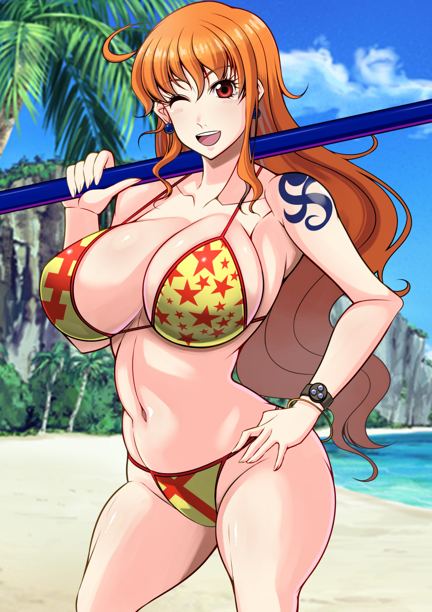 1girl absurdres beach bikini breasts cleavage clima-tact highres huge_breasts large_breasts log_pose long_hair looking_at_viewer myougi_kuraganosuke nami_(one_piece) nami_(one_piece)_(punk_hazard) ocean one_eye_closed one_piece orange_hair shoulder_tattoo smile staff swimsuit tattoo water wink