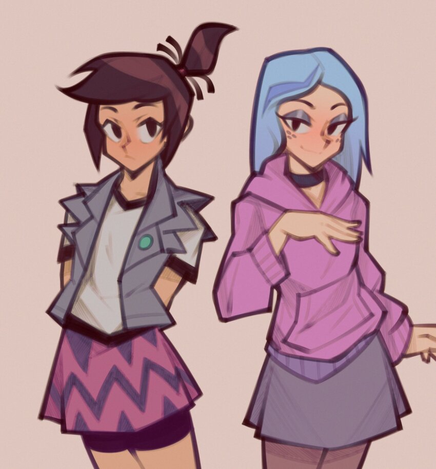 2girls andrea_davenport blue_hair brown_eyes brown_hair eyeshadow freckles fujimna highres hood hoodie long_hair looking_at_viewer makeup molly_mcgee multicolored_hair multiple_girls pantyhose pink_hoodie ponytail purple_eyeshadow shirt short_hair skirt streaked_hair the_ghost_and_molly_mcgee vest
