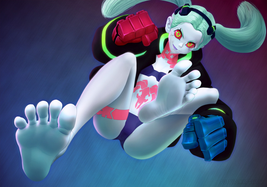 1girl barefoot colored_sclera colored_skin cyberpunk_(series) cyberpunk_edgerunners feet green_hair highres long_hair looking_at_viewer puffypinkpaws rebecca_(cyberpunk) red_sclera soles toes twin