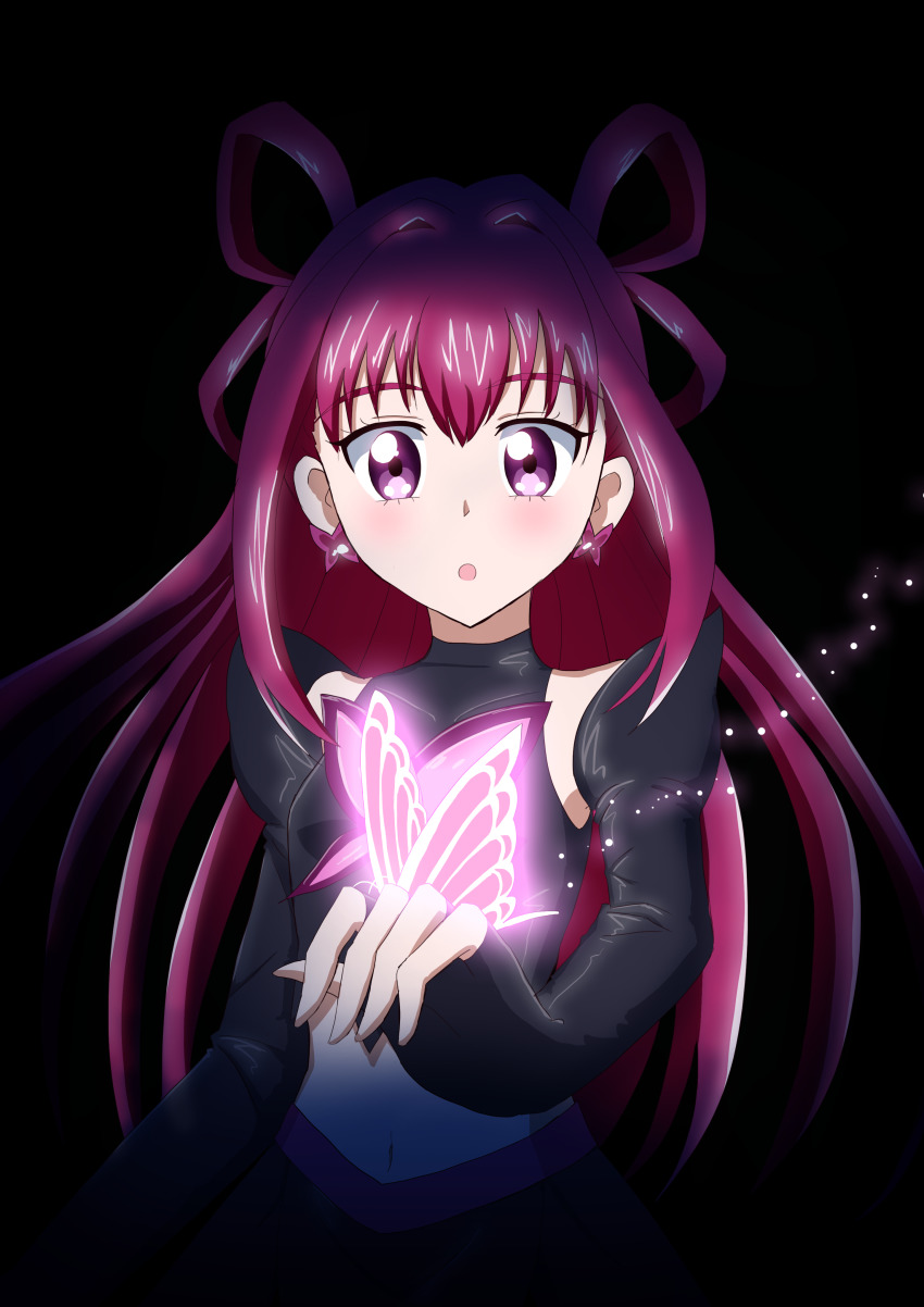 1girl :o absurdres black_background bug butterfly butterfly_brooch butterfly_earrings butterfly_on_hand dark_cure_(yes!_precure_5) dark_dream darkness detached_sleeves earrings fingerless_gloves gloves hair_rings highres insect jewelry light_blush light_particles long_hair midriff pink_hair precure purple_eyes raised_eyebrows sentyouoekaki sidelocks solo spirit surprised yes!_precure_5