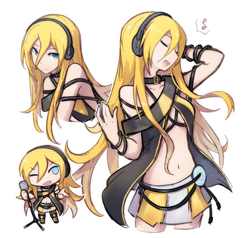 1girl black_shirt blonde_hair blue_eyes cd chibi choker flapper_shirt headset highres lily_(vocaloid) long_hair mehyuew39 musical_note shirt skirt spoken_musical_note vocaloid white_skirt