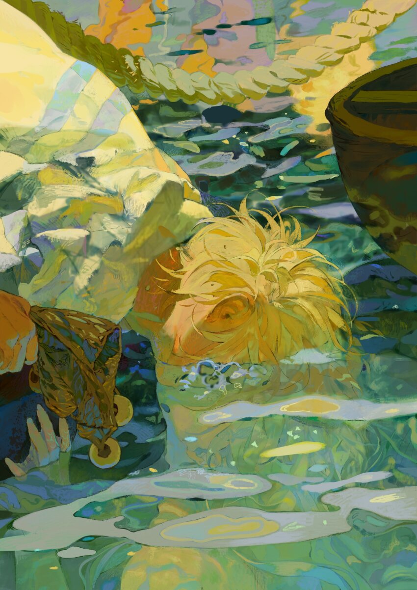 1boy absurdres blonde_hair fish highres holding original rope shirt short_hair solo speech_bubble water white_shirt xiaoquandianer