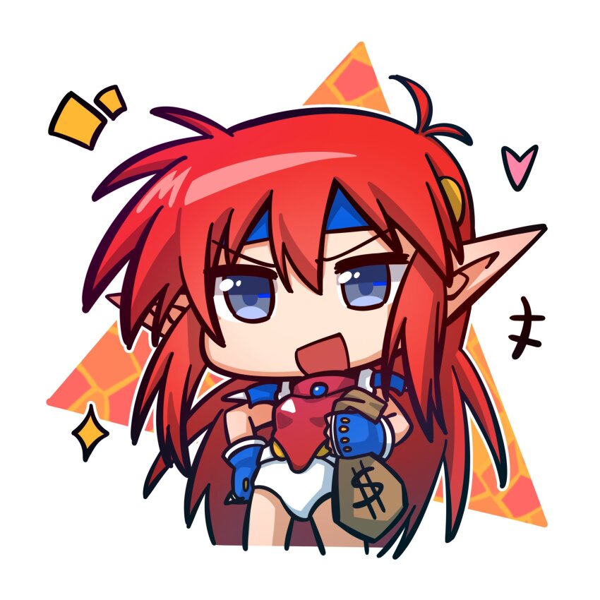 +++ 1girl :d arkibk armor bag blue_eyes blue_gloves blue_headband breasts chibi gloves hair_between_eyes headband heart highres holding holding_bag long_hair mail_(popful_mail) money_bag open_mouth panties pauldrons pointy_ears popful_mail red_hair shoulder_armor small_breasts smile solo sparkle standing underwear v-shaped_eyebrows white_background white_panties