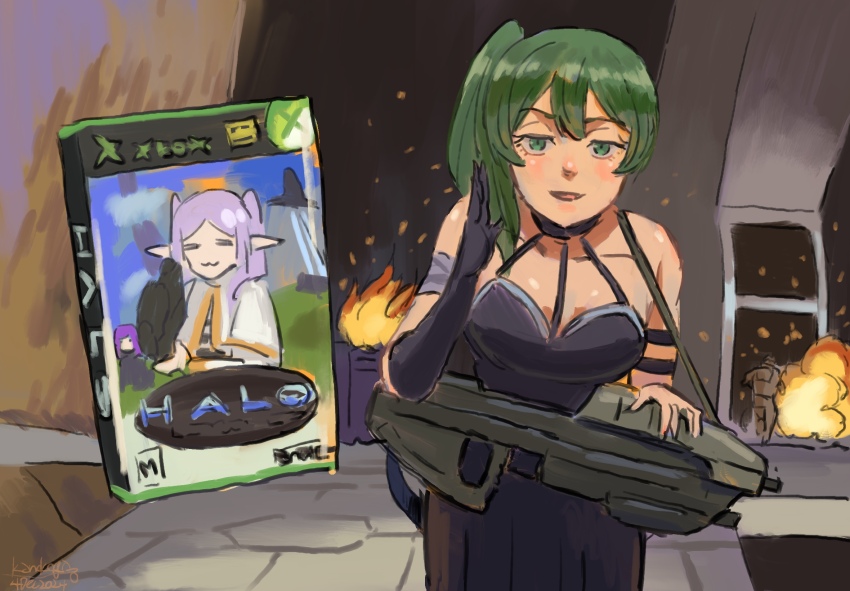 1girl arm_strap assault_rifle black_gloves blush box breasts bullpup collarbone explosion fern_(sousou_no_frieren) frieren gloves green_eyes green_hair gun halo:_combat_evolved halo_(series) highres kanokoga leaning_forward looking_at_viewer ma5 medium_breasts open_hand open_mouth rifle side_ponytail single_glove solo sousou_no_frieren ubel_(sousou_no_frieren) weapon