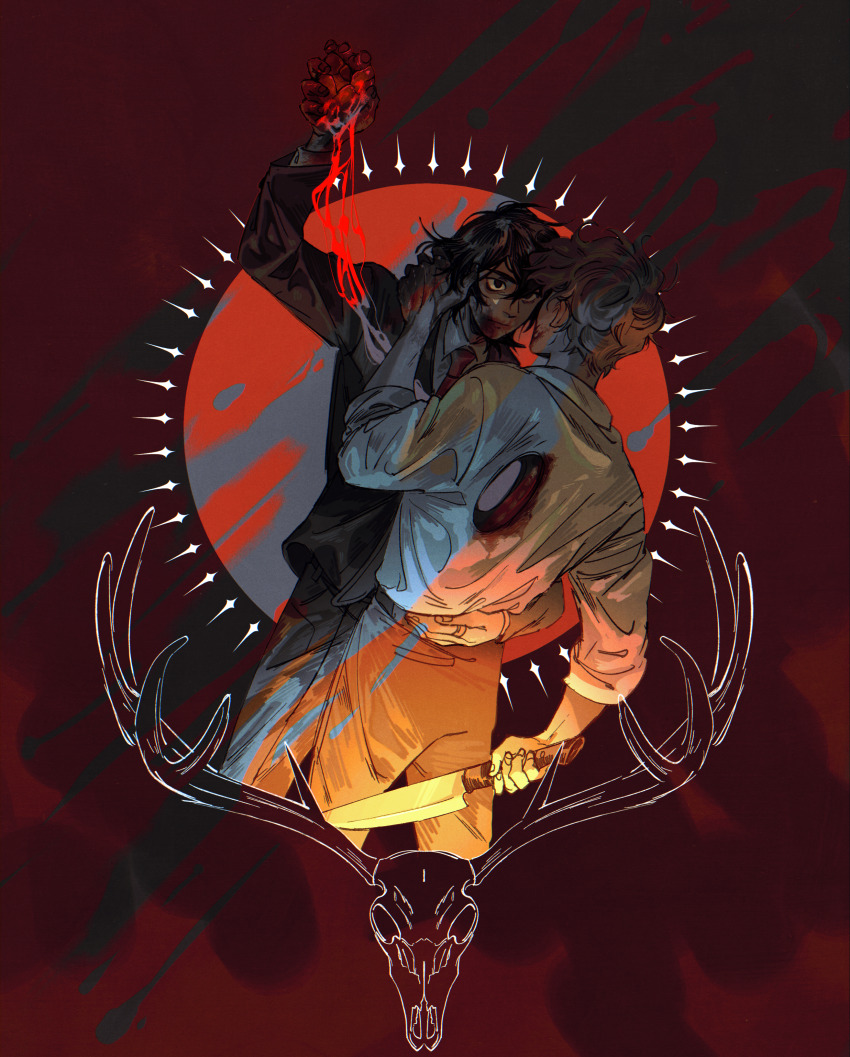 2boys abstract_background absurdres animal_skull antlers black_hair black_suit blood blood_on_face blood_on_hands blood_on_mouth blood_splatter brown_hair brown_pants circle collared_shirt cropped_legs cyani07 deer deer_antlers deer_skull dream_smp dutch_angle eye_contact formal_clothes hand_on_another&#039;s_back hand_on_another&#039;s_face hannibal_(tv_series) heart_(organ) highres holding holding_heart_(organ) holding_knife hole_in_chest hole_on_body horns horror_(theme) knife looking_at_another male_focus medium_hair minecraft_youtube multiple_boys necktie pants partially_colored quackity red_background red_necktie shirt short_hair suit underlighting white_shirt wilbur_soot yaoi yellow_light