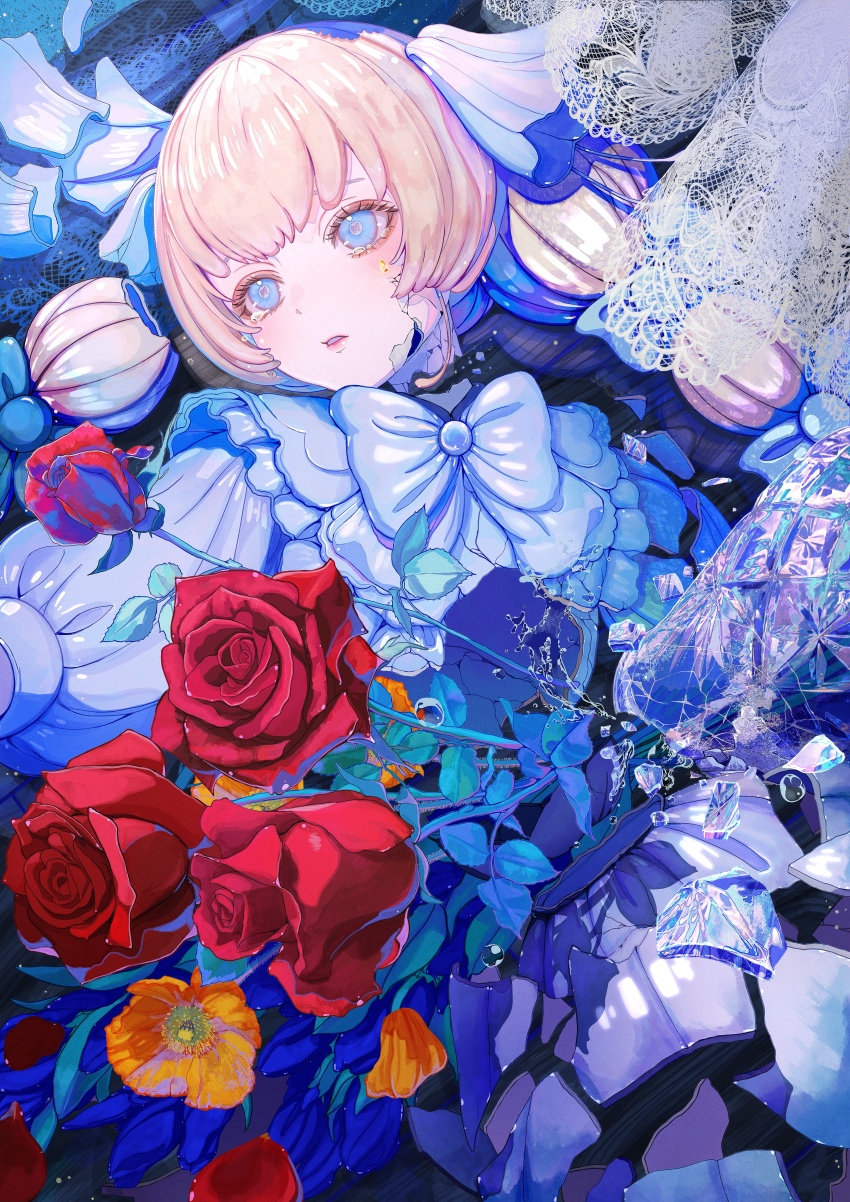 1girl absurdres blonde_hair blue_bow blue_bowtie blue_dress blue_eyes bouquet bow bowtie broken broken_vase butterfly_in_eye commentary cracked_skin crying crying_with_eyes_open doll dress flower frilled_dress frills hair_bow hair_ornament highres lace_curtains lips long_hair looking_to_the_side lying nakauma on_back orange_flower original parted_lips porcelain puffy_short_sleeves puffy_sleeves red_flower red_rose rose short_sleeves solo tears twintails vase water water_drop
