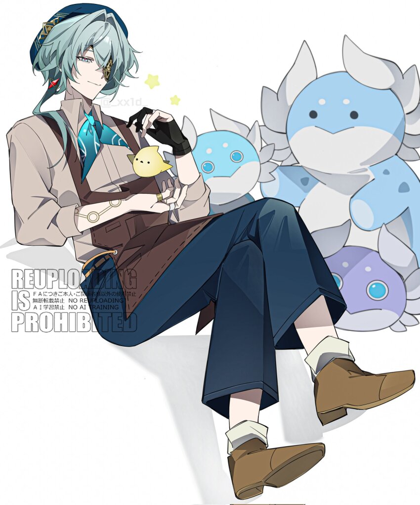 1boy anaxa_(honkai:_star_rail) anaxa_(ingenuity)_(honkai:_star_rail) apron aqua_hair arm_tattoo bird black_gloves blue_eyes blue_hat blue_pants brown_apron brown_shoes closed_mouth collared_shirt crossed_legs english_text full_body gloves grey_shirt half-closed_eyes hat highres honkai:_star_rail honkai_(series) jewelry male_focus medium_hair multiple_rings oo_1y pants partially_fingerless_gloves pink_pupils ring shadow shirt shoes side_ponytail single_glove sitting smile solo star_(symbol) tattoo twitter_username watermark white_background