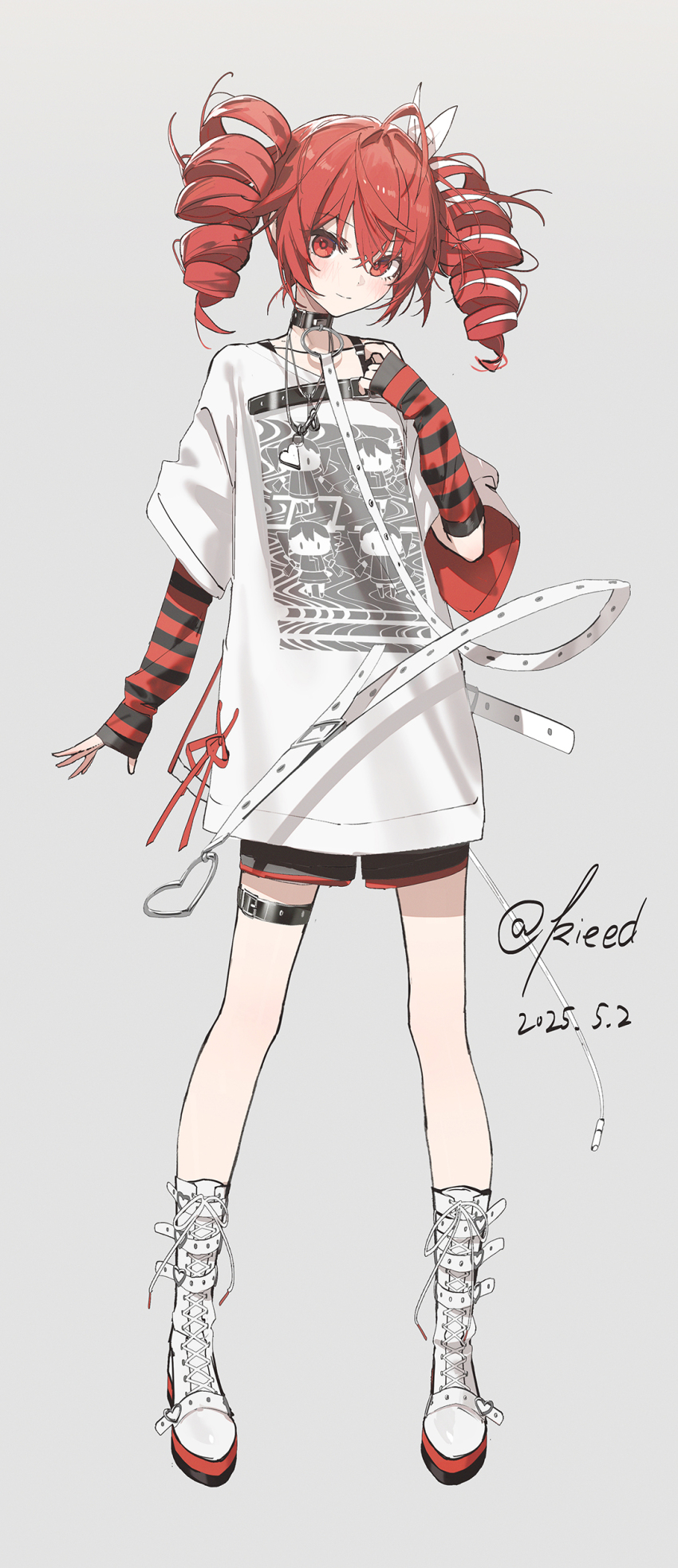 1girl absurdres belt boots drill_hair full_body hair_ribbon highres kasane_teto kieed lace-up_boots layered_sleeves long_shirt long_sleeves red_eyes red_hair revision ribbon shirt sleeves_past_wrists solo standing striped_sleeves thigh_belt thigh_strap twin_drills utau white_boots white_shirt