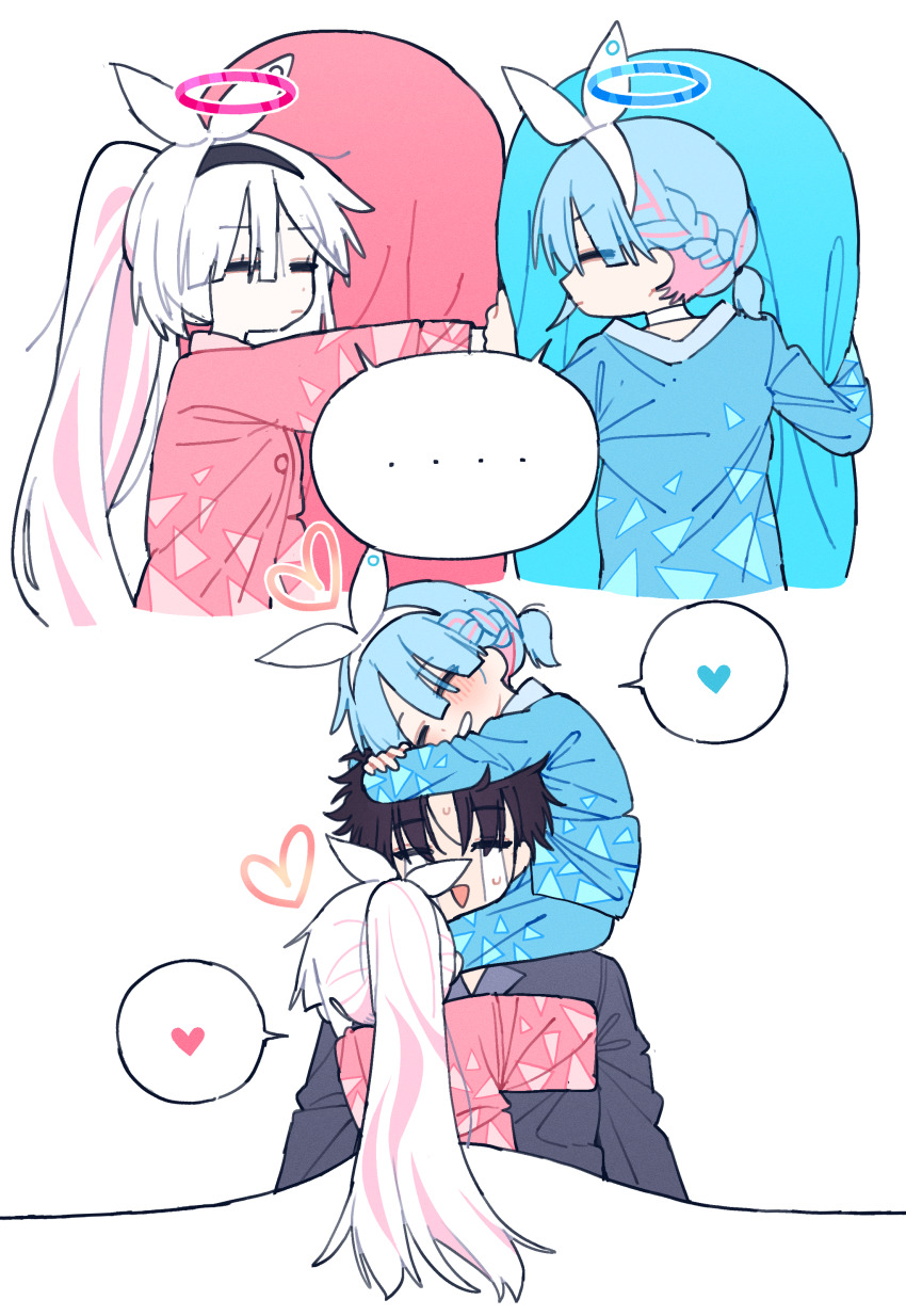 ... 1boy 2girls absurdres alternate_costume alternate_hairstyle animal-shaped_pillow arona_(blue_archive) black_hair blue_archive blue_hair bow braid crying hair_bow hair_over_one_eye hairband halo head_hug heart heart_halo highres hug hugging_object je_o_mo long_hair matching_outfits multicolored_hair multiple_girls pajamas pillow pillow_hug pink_hair plana_(blue_archive) red_halo sensei_(blue_archive) sensei_(blue_archive_the_animation) short_hair simple_background sleeping spoken_ellipsis spoken_heart two-tone_hair very_long_hair whale white_background white_hair