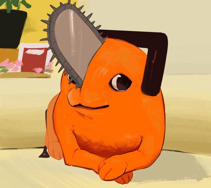 black_eyes chainsaw chainsaw_man closed_mouth couch creature creature_focus doge goldenpenhd highres indoors no_humans on_couch photo-referenced plant pochita_(chainsaw_man) potted_plant solo