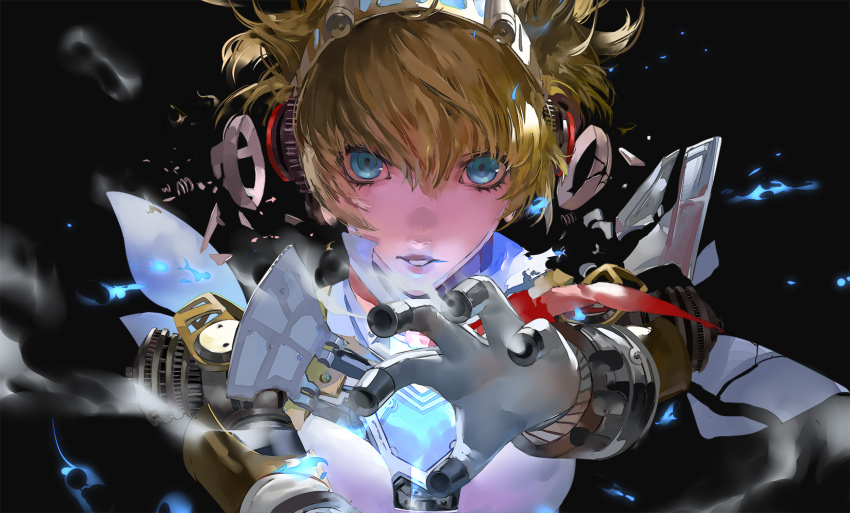 1girl aigis_(persona) black_background blazpu blonde_hair blue_eyes blurry blurry_foreground highres persona persona_4 robot_girl short_hair simple_background solo upper_body