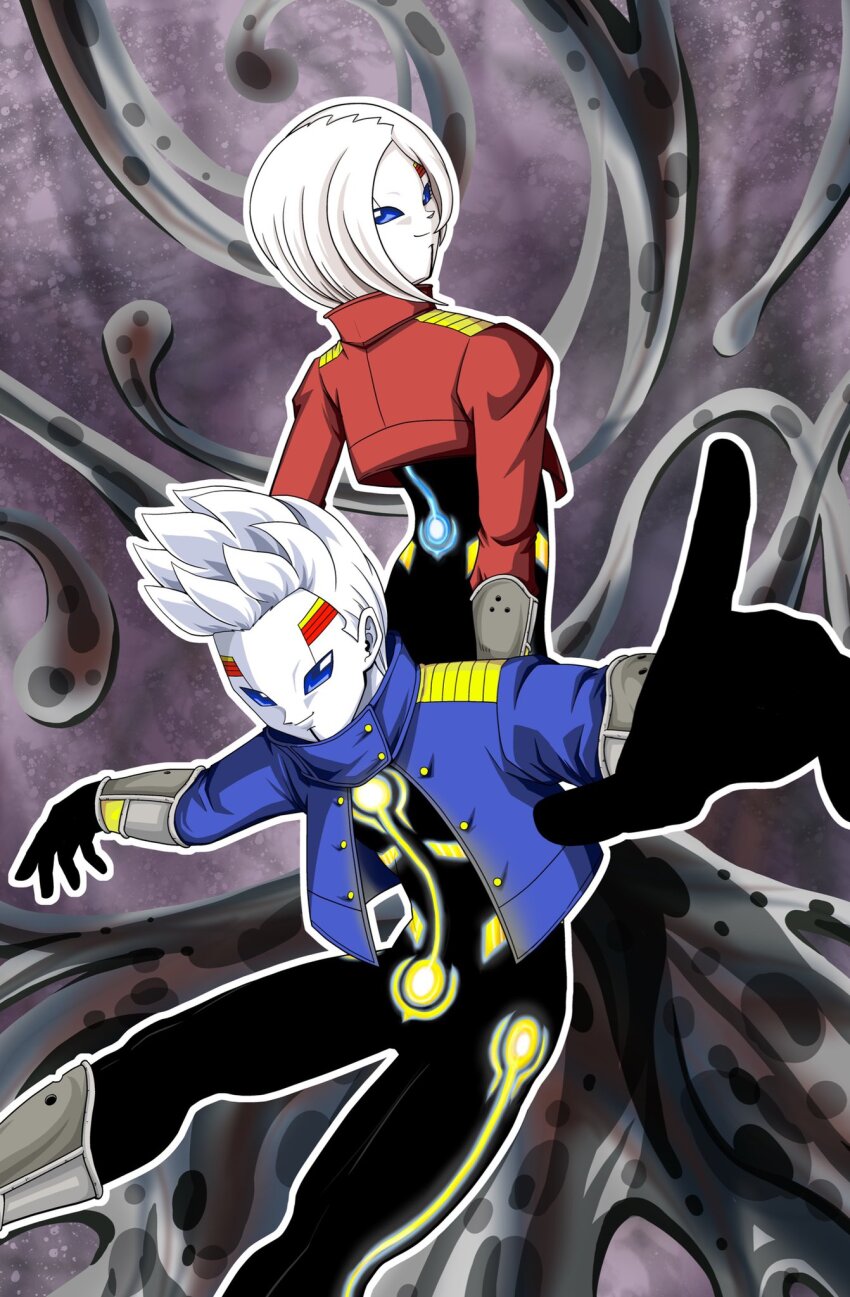 1boy 1girl black_bodysuit bob_cut bodysuit brother_and_sister colored_skin commentary_request cropped_jacket dragon_ball dragon_ball_heroes facial_mark highres kamin_(dragon_ball) looking_at_viewer looking_back nagayama_yoshitaka oren_(dragon_ball) reaching reaching_towards_viewer short_hair siblings smirk twins white_skin