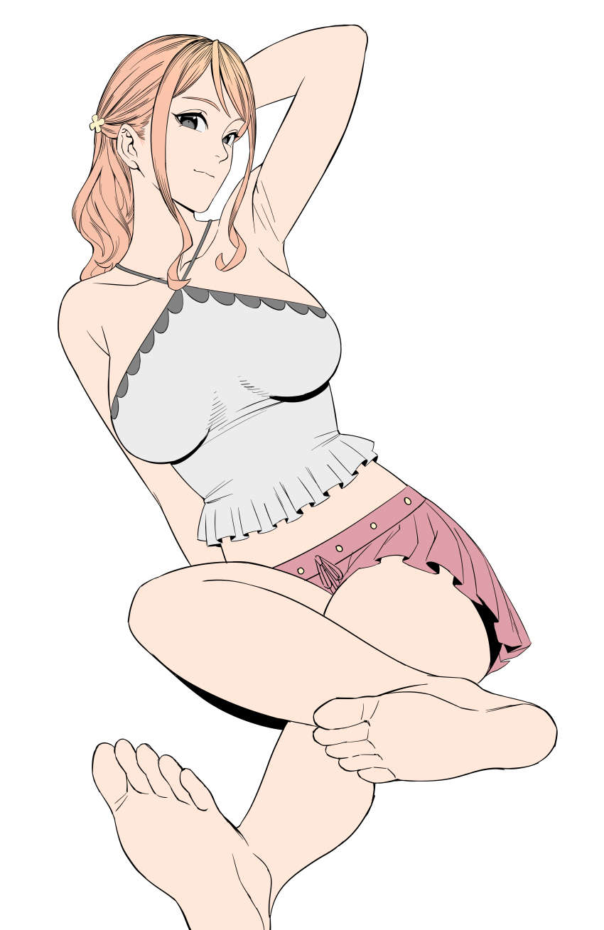 1girl absurdres bare_shoulders barefoot black_eyes feet highres long_hair looking_at_viewer midriff nami_(one_piece) nami_(one_piece)_(zou) one_piece orange_hair simple_background soles toes uukkaa white_background