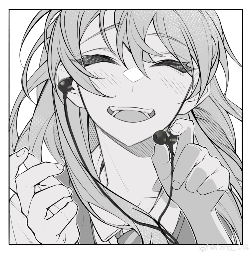 1girl absurdres bang_dream! bang_dream!_it&#039;s_mygo!!!!! blush cang_(akaga204) chihaya_anon chinese_commentary closed_eyes commentary_request diagonal-striped_clothes diagonal-striped_necktie earphones greyscale hair_between_eyes haneoka_school_uniform highres long_hair monochrome necktie open_mouth school_uniform solo striped_clothes sweater_vest teeth