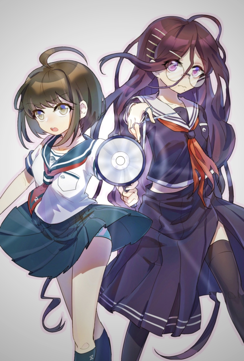 2girls :o ahoge black_thighhighs blue_sailor_collar blue_skirt blue_socks breast_pocket closed_mouth danganronpa_(series) danganronpa_another_episode:_ultra_despair_girls eyelashes fox_(770205490) fukawa_toko glasses glint green_eyes green_hair grey_background hair_ornament hairclip highres holding holding_megaphone holding_scissors long_hair megaphone messy_hair mole mole_under_mouth multiple_girls naegi_komaru neckerchief necktie open_mouth panties pocket purple_eyes purple_hair purple_serafuku purple_shirt purple_skirt red_neckerchief red_necktie round_eyewear sailor_collar school_uniform scissors serafuku shirt short_hair short_sleeves simple_background skirt skirt_set socks teeth thighhighs torn_clothes torn_neckerchief torn_skirt underwear upper_teeth_only very_long_hair wavy_mouth white_sailor_collar white_shirt