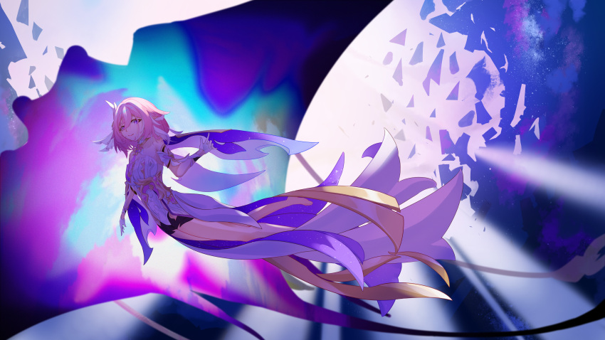 1girl absurdres bare_shoulders barefoot black_shorts breasts broken_glass chinese_commentary commentary_request corset elysia_(herrscher_of_human:_ego)_(honkai_impact) elysia_(honkai_impact) feet glass gloves highres honkai_(series) honkai_impact_3rd large_breasts manta_ray multicolored_hair pink_hair purple_eyes short_hair short_shorts shorts solo spirit_of_origin_(honkai_impact) toes triquetra two-tone_hair white_corset white_gloves white_hair wuling_yl