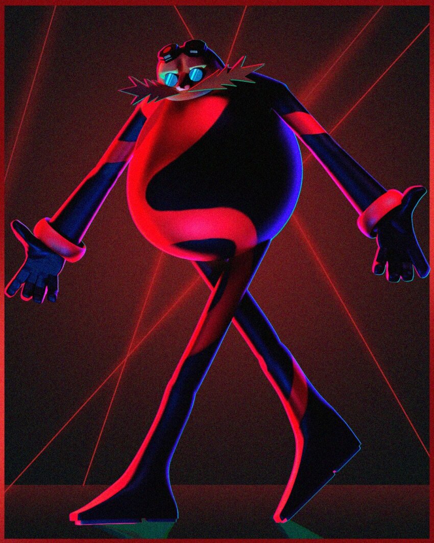 1boy alternate_costume bald black_bodysuit bodysuit brown_facial_hair dr._eggman facial_hair goggles goggles_on_head henry_vargas highres laser laser_hallway mustache red_bodysuit round_eyewear solo sonic_(live_action) sonic_(series) sonic_the_hedgehog_3_(film) sunglasses two-tone_bodysuit