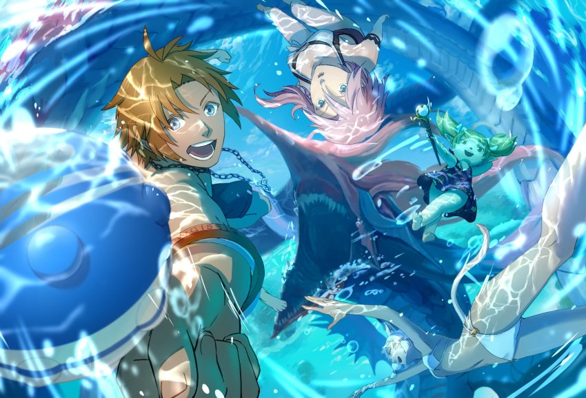 00s 10s air_bubble ball bikini blitzball bubble dissidia_final_fantasy dissidia_final_fantasy_nt final_fantasy final_fantasy_x final_fantasy_xi final_fantasy_xiii final_fantasy_xiv highres jewelry leviathan_(final_fantasy) lightning_farron necklace rapipig_(rapi_dff) shantotto smile staff swimsuit tidus water y&#039;shtola_rhul