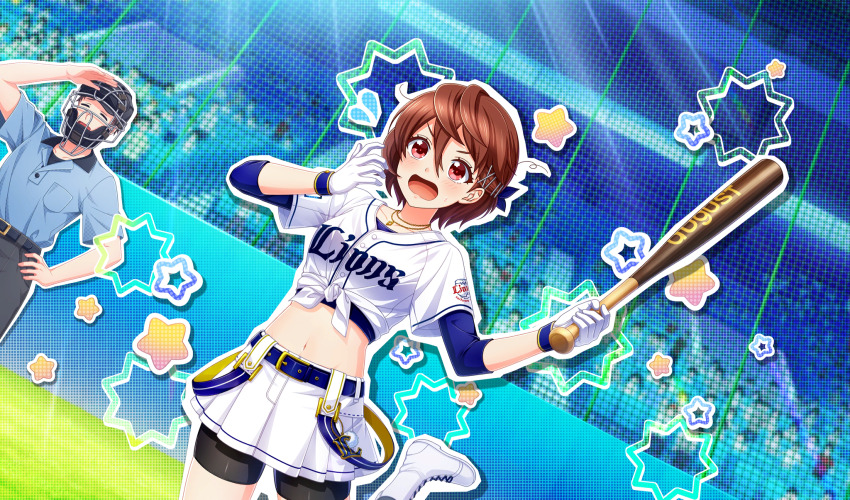 1boy 1girl baseball_bat baseball_stadium baseball_uniform belt belt_buckle bike_shorts_under_skirt black_belt black_shorts blue_belt blue_shirt brown_hair buckle cinderella_series dutch_angle flying_sweatdrops game_cg gloves grey_pants hachigatsu_no_cinderella_nine hair_between_eyes hair_ornament hairclip hand_on_own_hip highres holding holding_baseball_bat jewelry leg_up looking_ahead messy_hair metal_baseball_bat midriff navel necklace net nippon_professional_baseball non-web_source official_art on_grass open_mouth outdoors pants pleated_skirt red_eyes saitama_seibu_lions serizawa_musubi shirt shirt_under_shirt shorts skirt solo_focus sportswear standing star_(symbol) sweatdrop tied_shirt umpire v-shaped_eyebrows white_footwear white_gloves white_shirt white_skirt