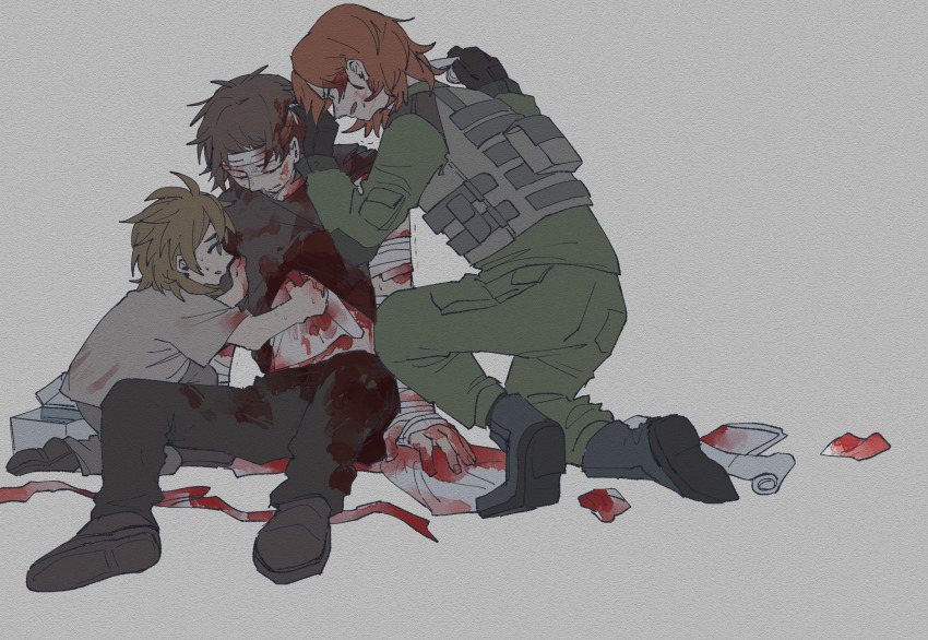 1girl 2boys alternate_costume annie_(saibou_shinkyoku) bandaged_arm bandaged_hand bandaged_head bandages black_gloves black_pants black_shirt black_shoes blood blood_on_arm blood_on_clothes blood_on_stomach brown_hair brown_shoes commentary_request gloves green_eyes green_jacket green_pants grey_background grey_pants grey_shirt hanaya_(fude) harada_minoru highres isoi_reiji jacket load_bearing_vest medium_hair multiple_boys open_mouth orange_hair pants saibou_shinkyoku shirt shoes short_hair simple_background sitting sweat t-shirt