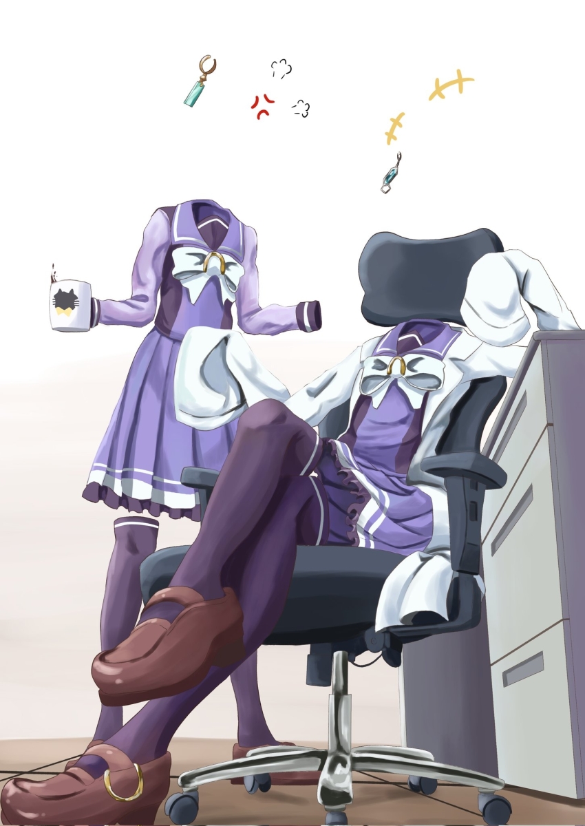 +++ 2girls agnes_tachyon_(umamusume) anger_vein bow bowtie brown_shoes coffee crossed_legs cup desk earrings highres indoors invisible jewelry lab_coat loafers long_sleeves manhattan_cafe_(umamusume) mug multiple_girls paw_pose pleated_skirt puff_of_air purple_sailor_collar purple_shirt purple_skirt purple_thighhighs rascal-teitoku sailor_collar school_uniform shirt shoes single_earring sitting skirt swivel_chair thighhighs tracen_school_uniform umamusume white_bow white_bowtie winter_uniform wooden_floor
