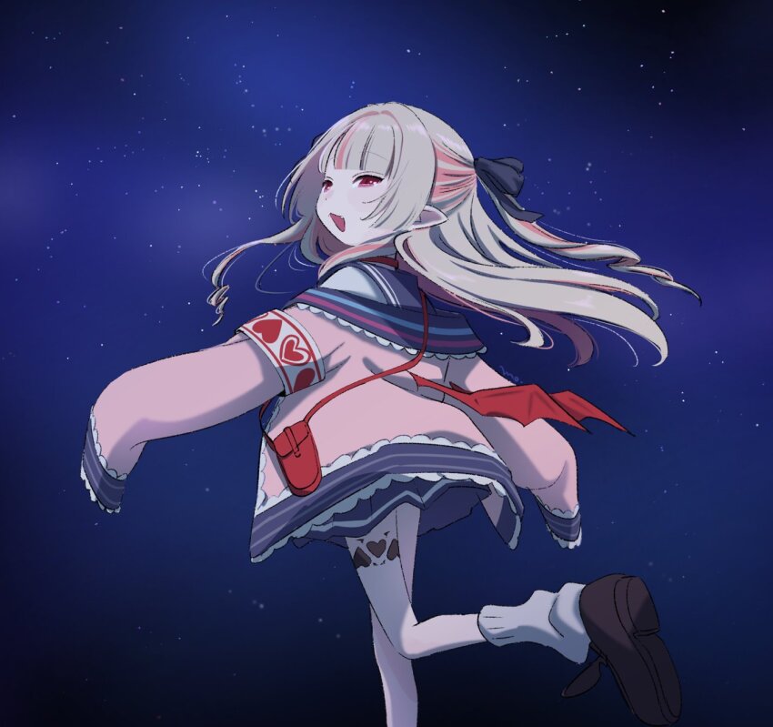 1girl bag blue_sailor_collar blue_skirt brown_hair colored_inner_hair demon_wings fang hair_ribbon highres jacket leg_tattoo long_hair looking_at_viewer looking_back makaino_ririmu makaino_ririmu_(4th_costume) mopyo multicolored_hair night night_sky nijisanji open_mouth pink_eyes pink_hair pink_jacket pleated_skirt pointy_ears ribbon sailor_collar school_uniform serafuku shoes shoulder_bag skirt sky sleeves_past_fingers sleeves_past_wrists socks solo star_(sky) starry_sky streaked_hair tattoo two-tone_hair two_side_up virtual_youtuber white_socks winged_heart_tattoo wings
