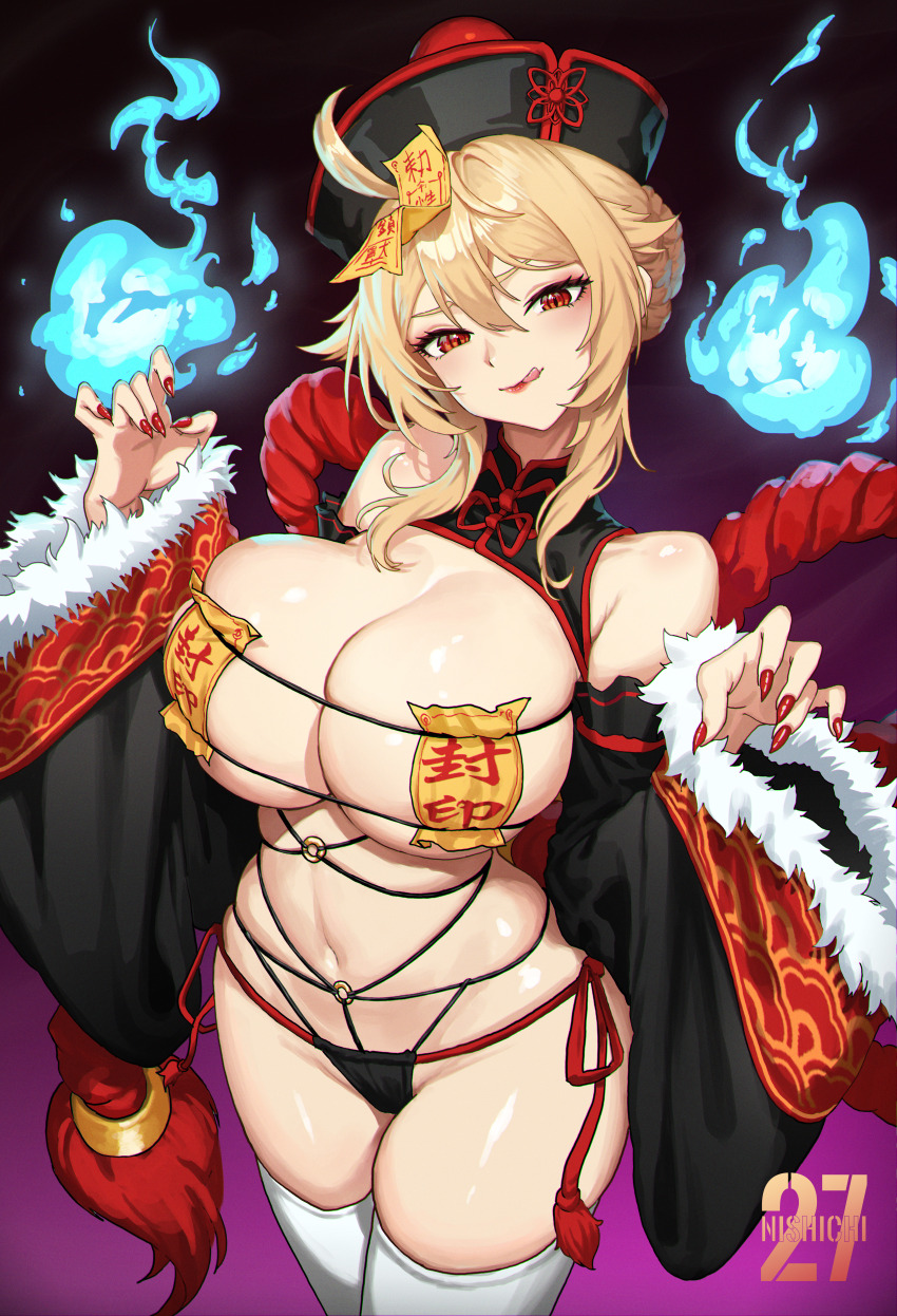 1girl absurdres angelica_rapha_redgrave blonde_hair blue_fire breasts commission fire halloween highres huge_breasts jiangshi jiangshi_costume nishichi otome_game_sekai_wa_mob_ni_kibishii_sekai_desu pixiv_commission red_eyes red_nails solo will-o&#039;-the-wisp_(mythology)