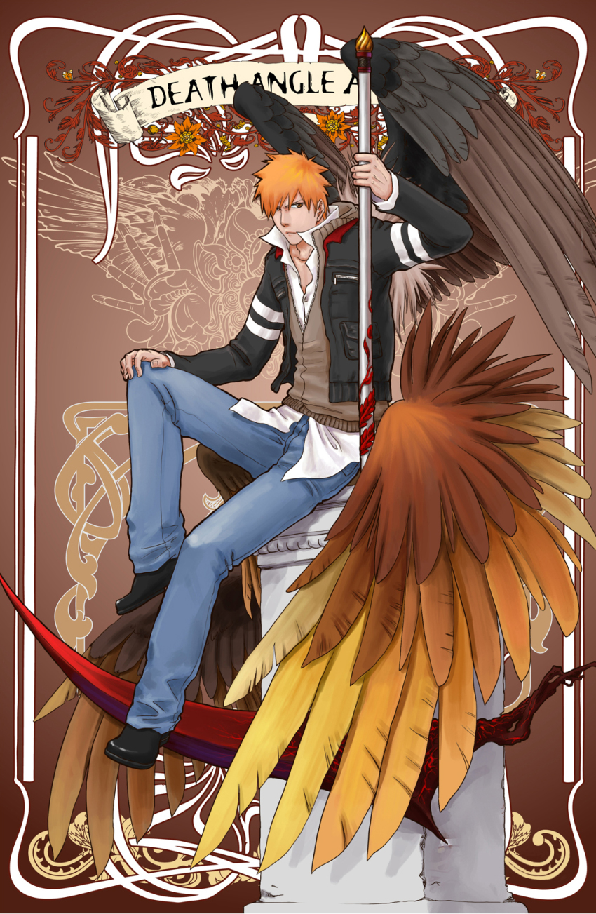 1boy alex_mercer alex_mercer_(cosplay) bleach cosplay denim graphite_(medium) highres jeans kurosaki_ichigo male_focus pants prototype_(game) scythe sitting traditional_media typo wings
