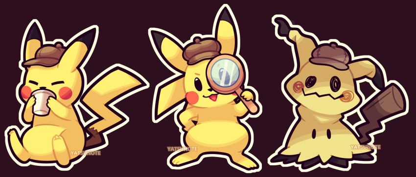 absurdres black_background brown_headwear closed_eyes clothed_pokemon commentary cup deerstalker detective_pikachu_(character) detective_pikachu_(game) detective_pikachu_(movie) detective_pikachu_(series) deviantart_username english_commentary full_body furrowed_brow gen_1_pokemon gen_7_pokemon hat highres holding holding_cup holding_magnifying_glass looking_at_viewer magnifying_glass mimikyu nintendo no_humans pikachu pokemon pokemon_(creature) simple_background standing yatsunote