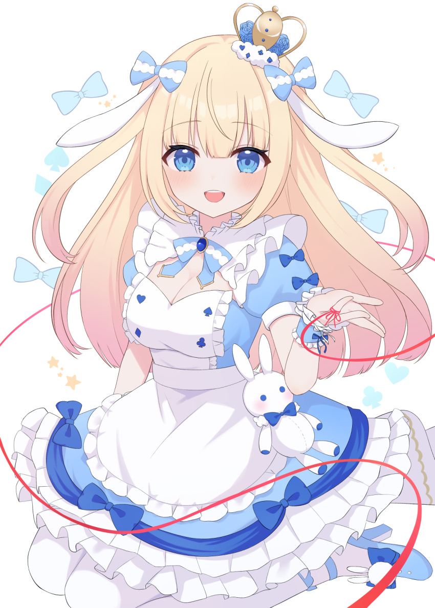 1girl apron blonde_hair blue_bow blue_bowtie blue_dress blue_eyes blue_shoes bow bowtie breasts character_request cleavage cleavage_cutout clothing_cutout crown dress frilled_apron frills furutori hair_bow high_heels highres indie_virtual_youtuber long_hair looking_at_viewer medium_breasts mini_crown open_mouth pantyhose puffy_short_sleeves puffy_sleeves red_ribbon ribbon shoes short_sleeves sitting smile solo star_(symbol) stuffed_animal stuffed_rabbit stuffed_toy teeth upper_teeth_only virtual_youtuber wariza white_apron white_pantyhose