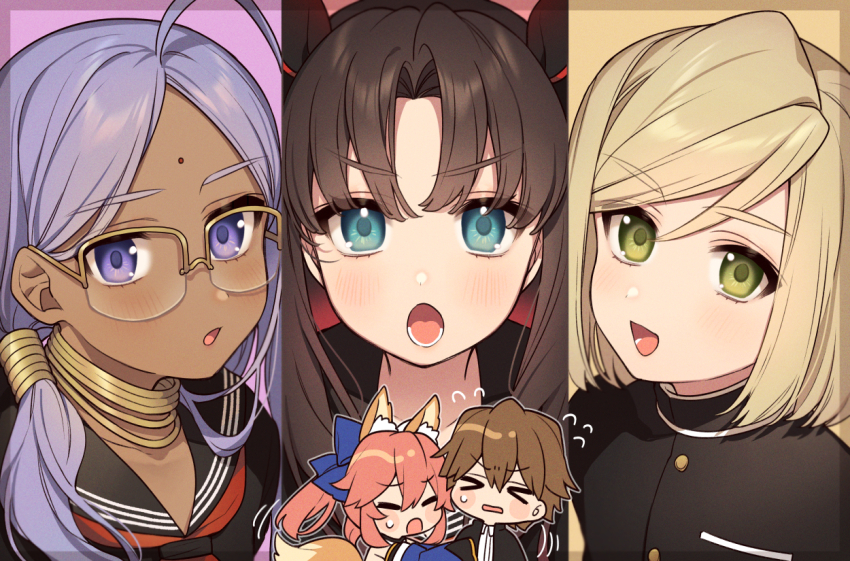 &gt;_&lt; 2boys 3girls :d :o ahoge animal_ear_fluff animal_ears bindi black_bow black_hair black_jacket black_sailor_collar blonde_hair blue_bow blue_eyes blue_sleeves blush_stickers bow brown_hair closed_eyes column_lineup dark-skinned_female dark_skin fate/extra fate/extra_ccc fate_(series) flying_sweatdrops fox_ears fox_girl fox_tail glasses green_eyes hair_between_eyes hair_bow hair_over_shoulder jacket jewelry karokuchitose kishinami_hakuno_(male) leonard_bistario_harway light_blush long_hair looking_at_viewer lower_teeth_only multiple_boys multiple_girls neckerchief necklace open_mouth over-rim_eyewear parted_bangs pink_hair ponytail ponytail_holder purple_eyes purple_hair rani_viii red_neckerchief sailor_collar school_uniform semi-rimless_eyewear serafuku shirt short_hair smile sweatdrop tail tamamo_(fate) tamamo_no_mae_(fate) teeth tohsaka_rin_(fate/extra) tsukumihara_academy_uniform_(fate/extra_ccc) twintails white_shirt yellow-framed_eyewear
