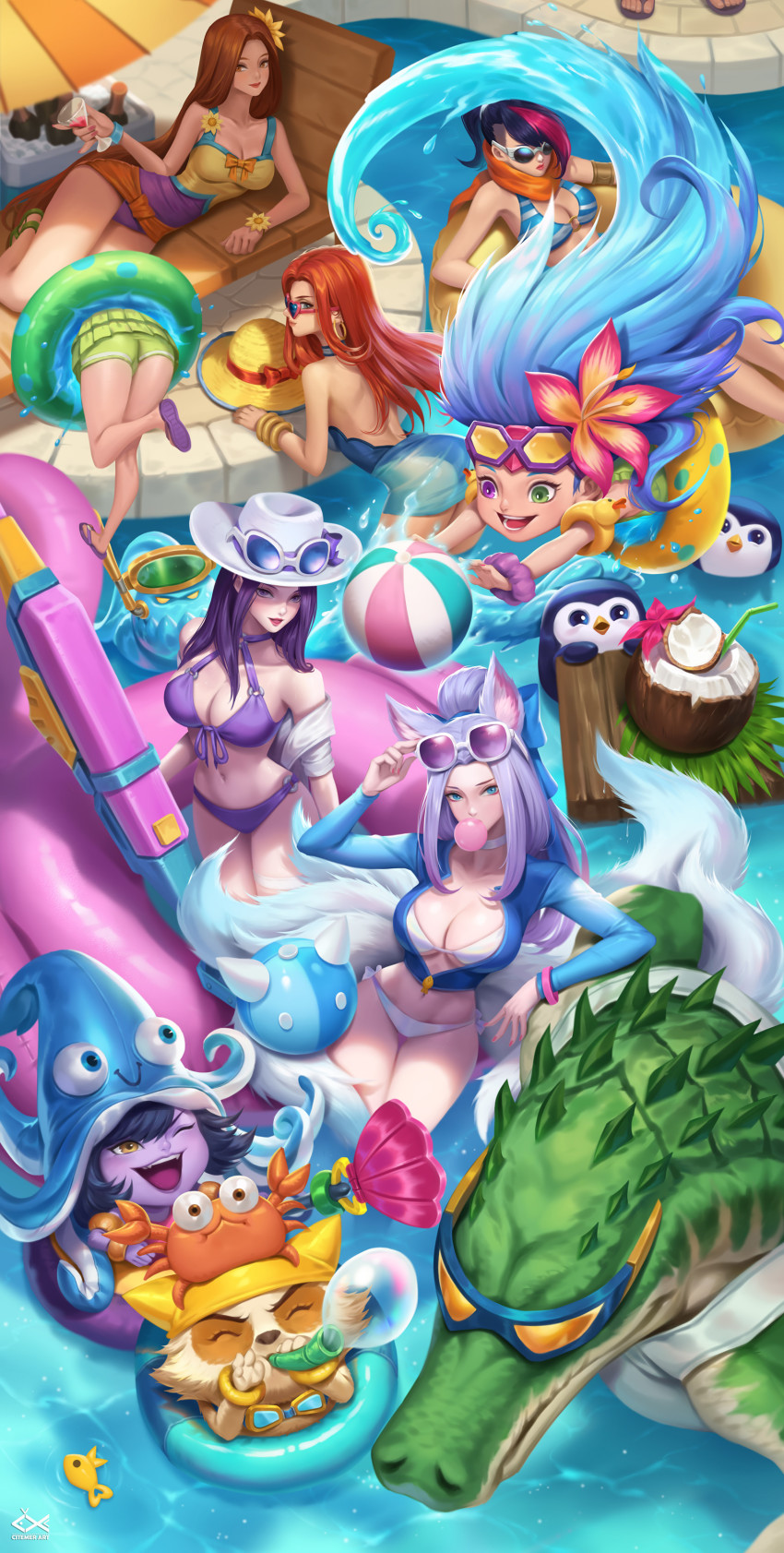 3boys 6+girls absurdres ahri_(league_of_legends) animal_ears ball beach_chair beachball bikini bird black_hair blue_eyes blue_hair bow breasts brown_eyes bubble blowing_bubbles caitlyn_(league_of_legends) chewing_gum citemer cleavage closed_eyes coconut colored_skin crab cup drinking_glass drinking_straw earrings fangs fiora_(league_of_legends) flower fox_ears fox_tail fruit_cup fur hair_flower hair_ornament hat heterochromia highres hoop_earrings innertube jacket jewelry league_of_legends leona_(league_of_legends) light_purple_hair lipstick long_hair lulu_(league_of_legends) lying makeup miss_fortune_(league_of_legends) multicolored_hair multiple_boys multiple_girls navel open_clothes open_mouth orange_eyes orange_hair partially_submerged penguin pink_hair pool pool_party_caitlyn pool_party_fiora pool_party_leona pool_party_lulu pool_party_miss_fortune pool_party_renekton pool_party_zoe purple_eyes purple_hair purple_skin red_hair renekton rubber_duck scarf scrunchie slippers smile snorkel staff streaked_hair sunglasses swim_ring swimsuit tail teemo tentacles two-tone_hair unzipped very_long_hair water yordle zac_(league_of_legends) zoe_(league_of_legends)