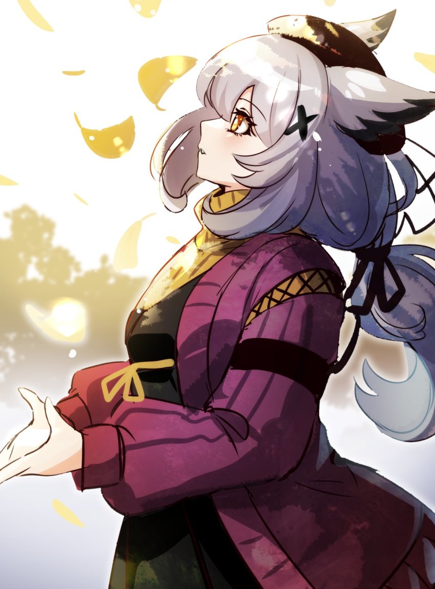 1girl arknights blush feather_hair from_side hat highres long_hair long_sleeves nicole_(lion) official_alternate_costume one-hour_drawing_challenge owl_girl parted_lips ponytail ptilopsis_(arknights) ptilopsis_(serenity)_(arknights) silver_hair solo sweater turtleneck turtleneck_sweater yellow_eyes