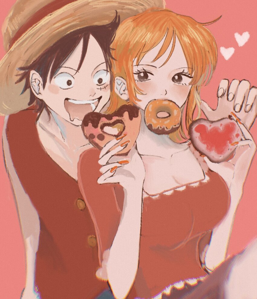 1boy 1girl black_hair blush breasts brown_eyes buttons collarbone donut drooling facial_scar food food_in_mouth hat heart highres holding holding_donut holding_food large_breasts monkey_d._luffy mouth_drool mouth_hold nail_polish nami_(one_piece) one_piece open_mouth orange_hair orange_nails pink_background red_shirt scar scar_on_cheek scar_on_face shio_(im_rt56) shirt short_hair straw_hat upper_body