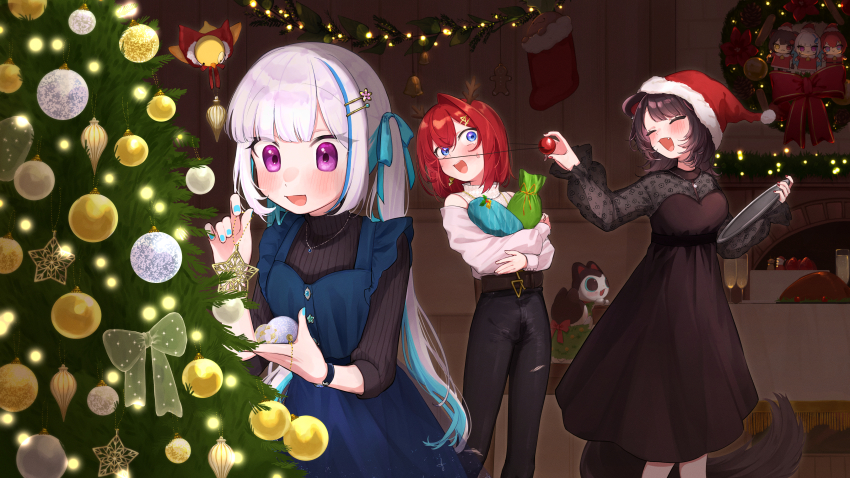 3girls 3znk :d ^_^ absurdres ange_katrina ange_katrina_(5th_costume) animal animal_ears banken_(inui_toko) bell belt black_pants black_sweater blue_dress blue_eyes blue_hair blue_nails blue_ribbon blush bow breasts brown_belt brown_dress brown_hair brown_tail champagne_flute character_doll christmas christmas_lights christmas_ornaments christmas_present christmas_stocking christmas_tree christmas_wreath closed_eyes clothed_animal clothing_cutout commentary cup decorating_christmas_tree denim dog_ears dog_girl dog_tail dress drinking_glass earrings english_commentary fake_antlers fake_nose fang feet_out_of_frame floral_print floral_print_dress food frilled_dress frills fur-trimmed_headwear fur_trim gift gingerbread_man gold_earrings hair_ornament hair_ribbon hairpin hat highres holding holding_gift indoors inui_toko inui_toko_(5th_costume) jeans jewelry layered_shirt lize_helesta lize_helesta_(10th_costume) long_bangs long_hair long_sleeves looking_at_another looking_at_object mandragora_(ange_katrina) medium_breasts medium_dress medium_hair monocle multicolored_hair multiple_girls multiple_hairpins nail_polish necklace nijisanji open_mouth pants pinafore_dress pulling purple_eyes red_bow red_hair red_hat ribbed_sweater ribbon sanbaka_(nijisanji) santa_hat sebastian_piyodore see-through_clothes see-through_dress see-through_skirt_layer shirt shoulder_cutout single_hair_intake sleeveless sleeveless_dress small_breasts smile standing star_button streaked_hair sweatdrop sweater table tail tearing_up teeth torn_clothes torn_jeans torn_pants triangle_earrings turkey_(food) turtleneck turtleneck_sweater twintails two-tone_hair upper_teeth_only very_long_hair virtual_youtuber watch white_hair white_shirt wreath wristwatch yellow_bird