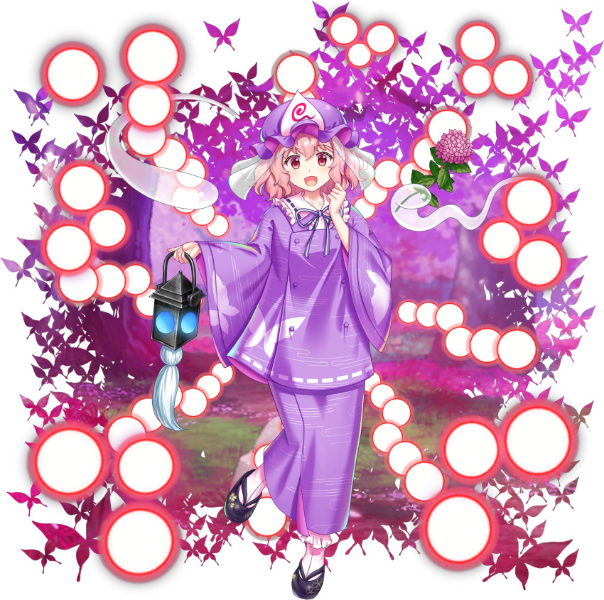 1girl alternate_costume alternate_headwear_color animal_print black_shoes bug butterfly butterfly_print buttons cherry_blossoms collarbone danmaku double-breasted dress flower flower_request full_body game_cg hat highres hitodama hydrangea insect lantern long_sleeves looking_at_viewer medium_hair mob_cap neck_ribbon official_art open_mouth pink_butterfly pink_flower pink_hair purple_hat purple_skirt red_eyes ribbon rotte_(1109) saigyouji_yuyuko saigyouji_yuyuko_(scarlet) shoes skirt smile solo third-party_source touhou touhou_lostword transparent_background tree triangular_headpiece wide_sleeves