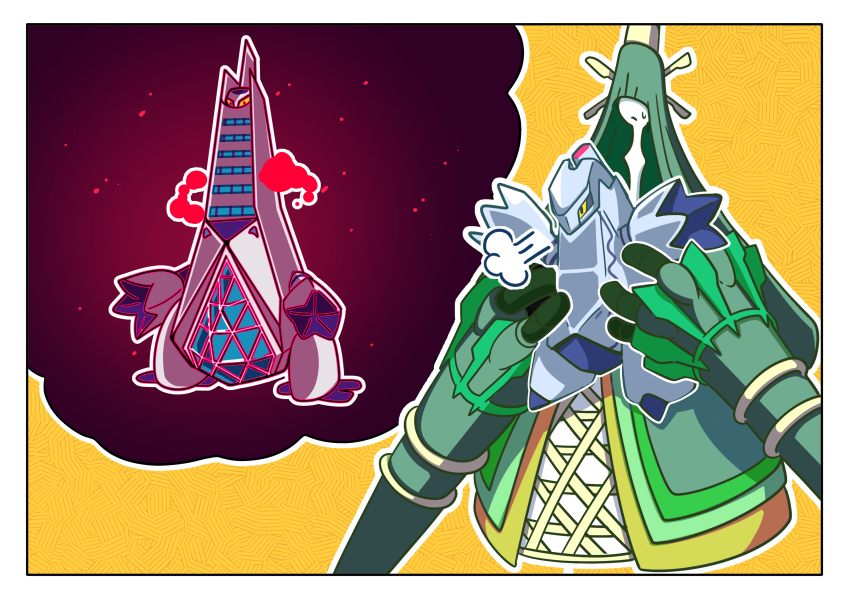 absurdres border carrying celesteela duraludon fukidashi_cotton gen_7_pokemon gen_8_pokemon gigantamax gigantamax_duraludon highres imagining nintendo no_humans outline pokemon pokemon_(creature) puff_of_air sweatdrop ultra_beast white_border