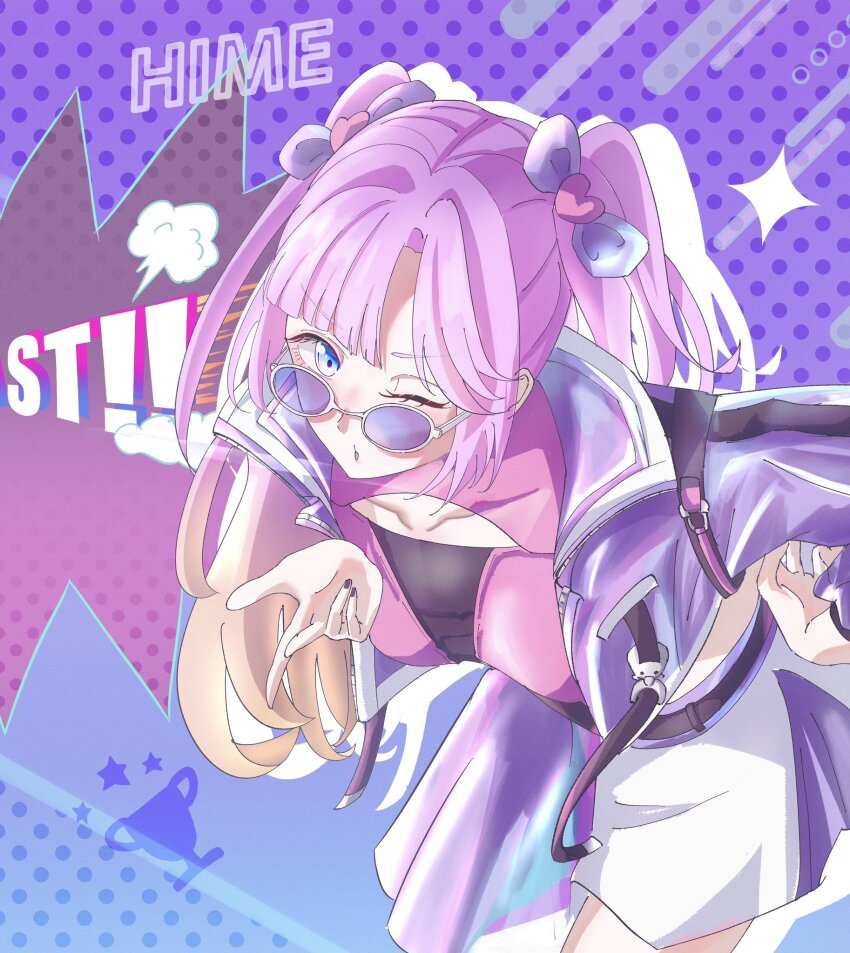 1girl above_cleavage_cutout anyoji_hime blast!!_(love_live!) blonde_hair blowing_kiss blue_background blue_eyes bow caricariume character_name collarbone collared_jacket commentary_request cropped_jacket curtained_hair drop_shadow glasses gradient_background gradient_hair hair_bow hair_ornament heart heart_hair_ornament highres jacket link!_like!_love_live! long_sleeves looking_at_viewer love_live! midriff miniskirt multicolored_hair official_alternate_costume open_clothes open_jacket parted_hair pink_hair pink_shirt polka_dot polka_dot_background puffy_long_sleeves puffy_sleeves purple-tinted_eyewear purple_background purple_bow purple_jacket purple_skirt shirt sidelocks skirt solo song_name thumbnail_collage tinted_eyewear twintails virtual_youtuber white-framed_eyewear