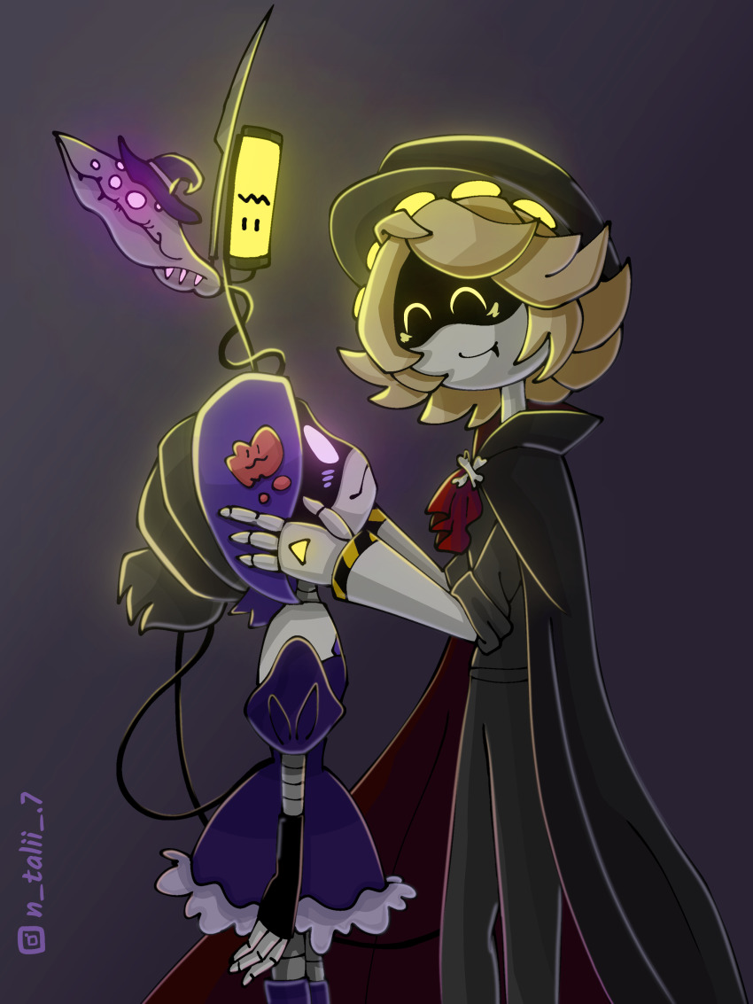 absurdres android black_tail blush cape dress fangs fingerless_gloves gloves grey_hair hat headgear highres holding_detached_head looking_at_another machine mechanical_arms mechanical_legs monster_tail murder_drones n_(murder_drones) n_talii_7 pants purple_eyes robot screen smile syringe tail teeth uzi_(murder_drones) yellow_eyes