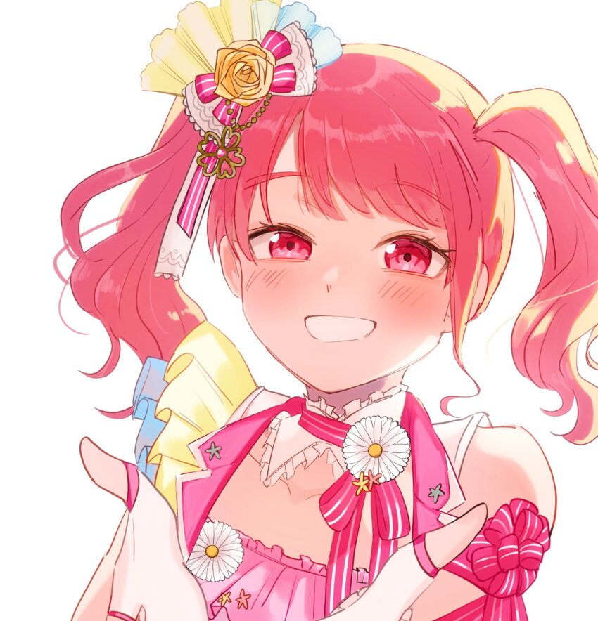 1girl bang_dream! bare_shoulders commentary fingerless_gloves frilled_sleeves frills gloves hair_ornament highres john_aya looking_at_viewer maruyama_aya pink_eyes pink_hair ribbon short_twintails smile solo twintails white_background