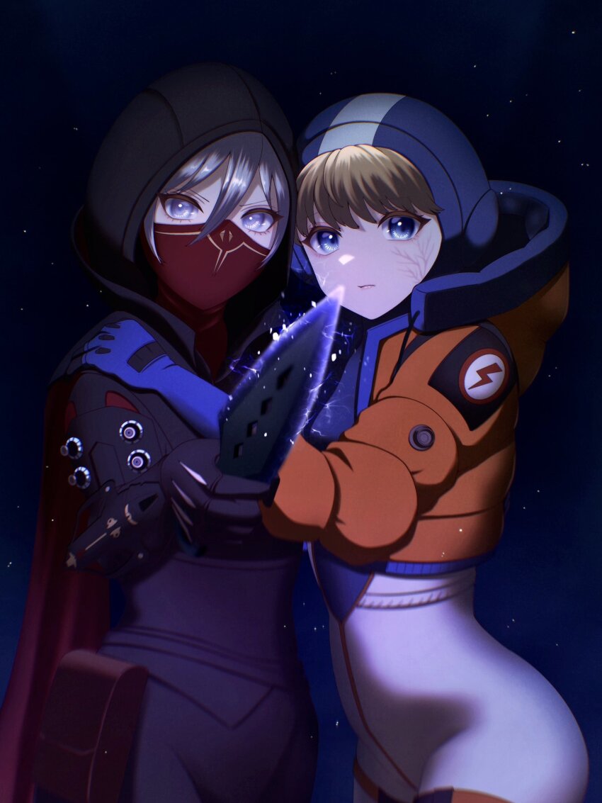 2girls animification apex_legends black_background black_bodysuit black_gloves blonde_hair blue_bodysuit blue_gloves bodysuit electricity facial_scar gloves grey_eyes grey_hair hair_between_eyes hair_ornament hand_on_another&#039;s_shoulder highres hood hood_down hood_up hooded_bodysuit hooded_jacket jacket lightning_bolt lightning_bolt_hair_ornament lightning_bolt_symbol looking_at_viewer milmil7 multiple_girls ninja official_alternate_costume orange_jacket rift_stalker_wraith scar scar_on_cheek scar_on_face scared v-shaped_eyebrows wattson_(apex_legends) white_bodysuit hope&#039;s_dusk_(apex_legends) wraith_(apex_legends)